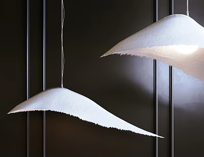 White Irregular Pendant Lights with Fringed Edges and Soft Glow Against Dark Vertical Striped Wall 3d model