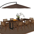 Outdoor Wooden Patio Dining Table And Chairs Set With Curved Umbrella And Floral Centerpiece