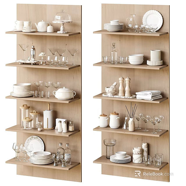 Stylish Wooden Kitchen Shelves Displaying Plates Glasses Teapot Jars And Spice Shakers 3d model 