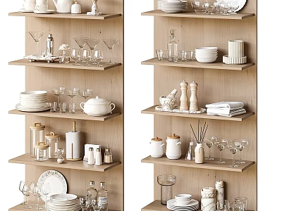 Stylish Wooden Kitchen Shelves Displaying Plates Glasses Teapot Jars And Spice Shakers 3d model