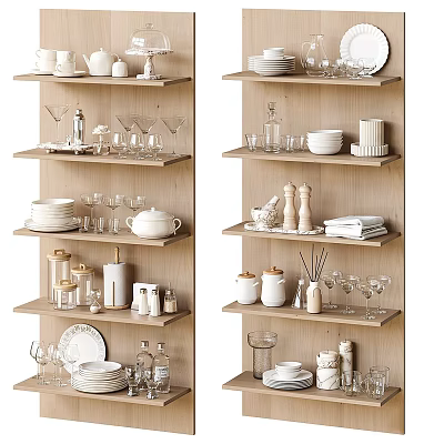 Stylish Wooden Kitchen Shelves Displaying Plates Glasses Teapot Jars And Spice Shakers 3d model