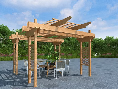 Wooden Pergola with Crossed Beams Outdoor Dining Area Table Chairs Greenery Blue Sky 3d model