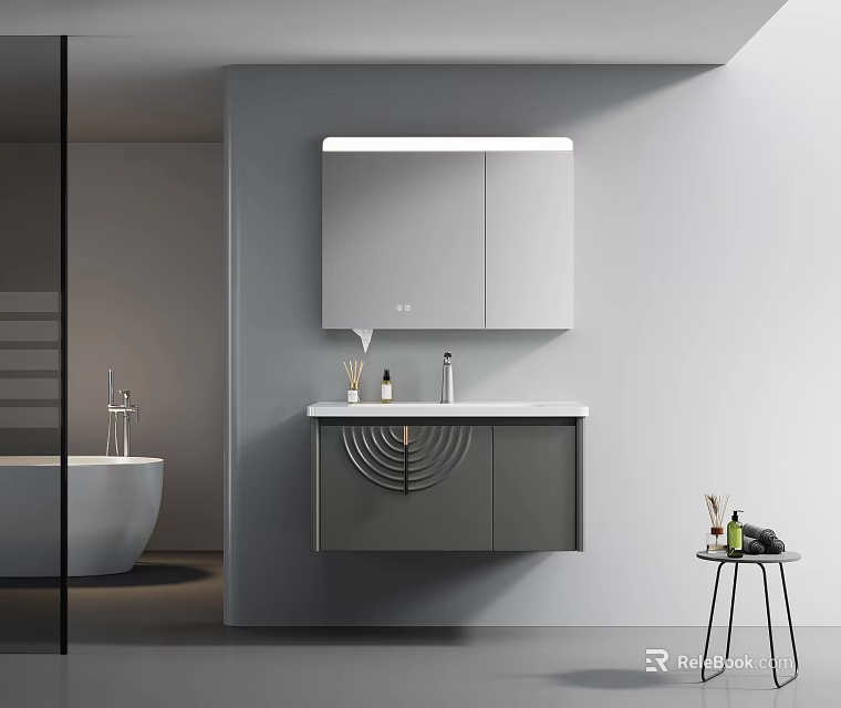 Modern Bathroom Wall Mounted Washbasin With Backlit Mirror And Sleek Cabinet Design 3d model 