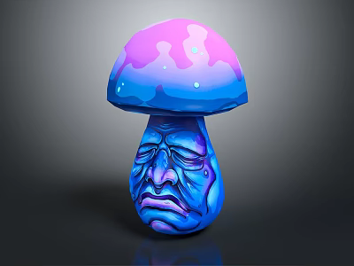 Game Fantasy Mushroom Character With Purple Pink Cap Blue Stem And Sad Face Design 3d model