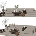 Modern Light Gray Sofa and Round Coffee Table Set with Decorative Plants and Floor Lamp