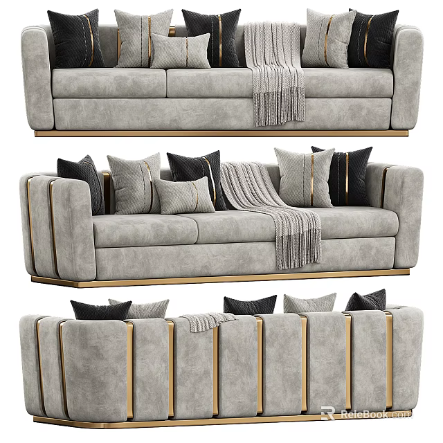 Modern Luxury Sectional Sofa With Gray Upholstery Plush Pillows Throw Blanket And Golden Accents 3d model 