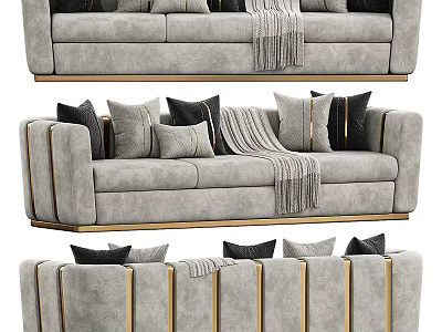 Modern Luxury Sectional Sofa With Gray Upholstery Plush Pillows Throw Blanket And Golden Accents 3d model