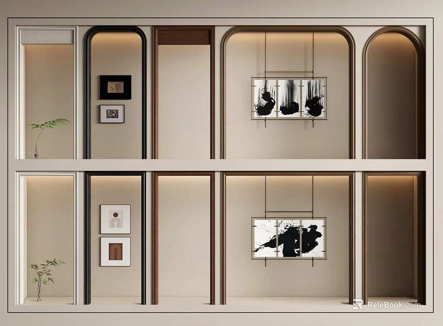 Modern Interior Design With Multiple Arched Doorways Framed Artworks And Pendant Lights 3d model 