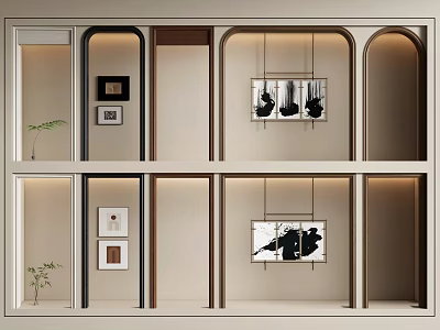 Modern Interior Design With Multiple Arched Doorways Framed Artworks And Pendant Lights 3d model
