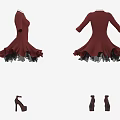 Red Dress With Cross Pendant Three Quarter Sleeves And Pleated Skirt With Matching High Heels