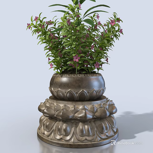 Decorative Bonsai Plant With Green Leaves Pink Flowers And Layered Lotus Patterned Base 3d model 