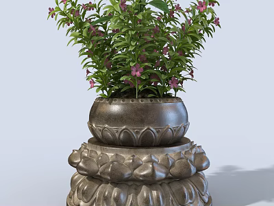 Decorative Bonsai Plant With Green Leaves Pink Flowers And Layered Lotus Patterned Base 3d model