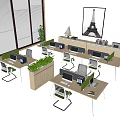 Modern Office Workspace With Desks Computers Chairs Plants And Eiffel Tower Art 3d model