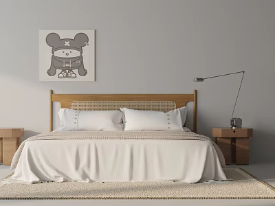 Double Bed With Wooden Woven Headboard Light Colored Bedding Nightstands And Modern Table Lamp 3d model