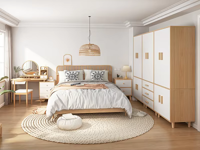 Bright Bedroom Interior With Wooden Furniture White Cabinets Round Rug And Natural Light 3d model