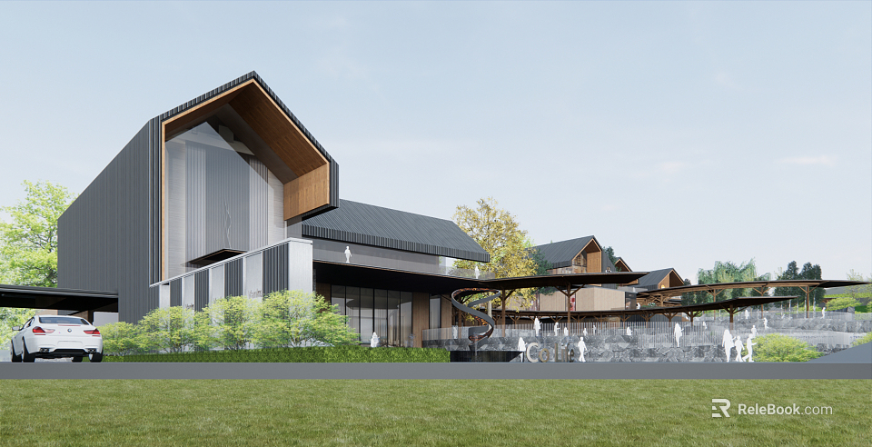 Modern Architectural Structure With Sloped Roof Wooden Accents Metal Cladding And Green Lawn Water Feature 3d model 