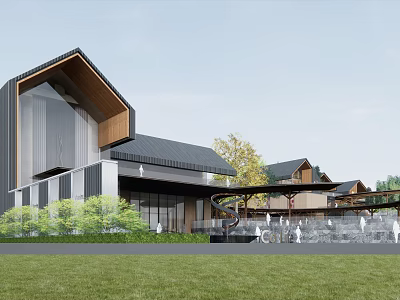 Modern Architectural Structure With Sloped Roof Wooden Accents Metal Cladding And Green Lawn Water Feature 3d model