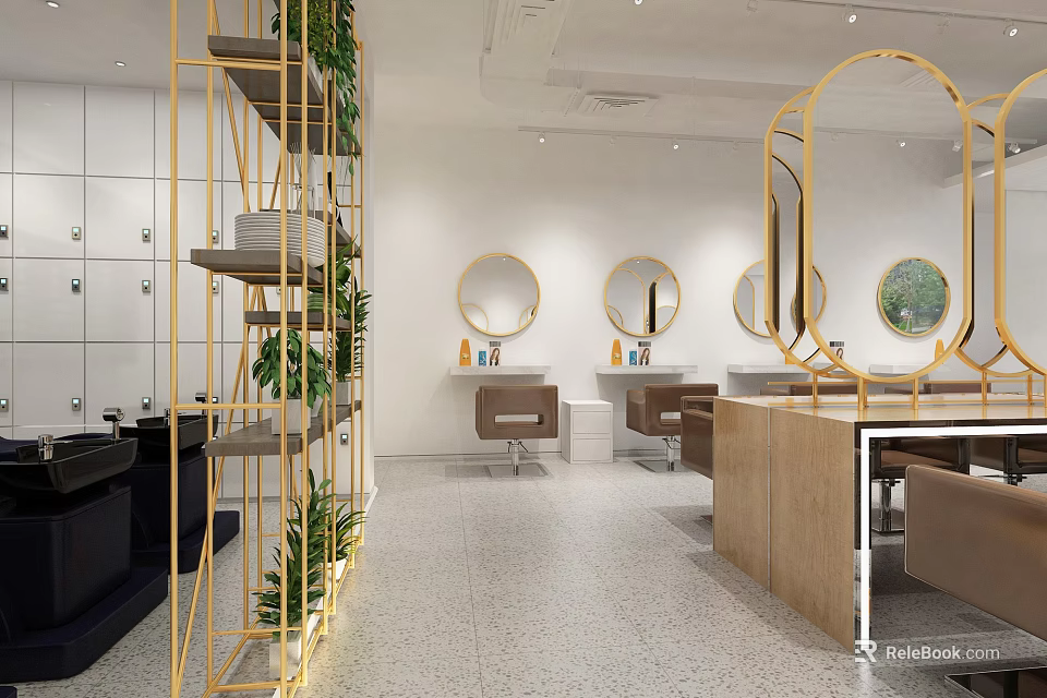 Elegant Beauty Salon Interior With Golden Frame Mirrors Green Plants And Brown Chairs 3d model 