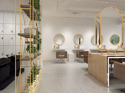 Elegant Beauty Salon Interior With Golden Frame Mirrors Green Plants And Brown Chairs 3d model