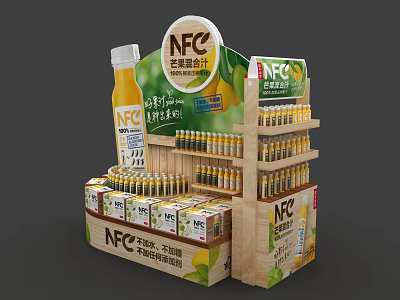 Promotional NFC Juice Display Stand With Bottles Cartons And Wooden Shelves 3d model
