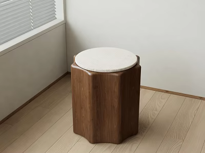 Wooden Stool With White Round Seat And Walnut Base In Minimalist Room With Wooden Floor 3d model