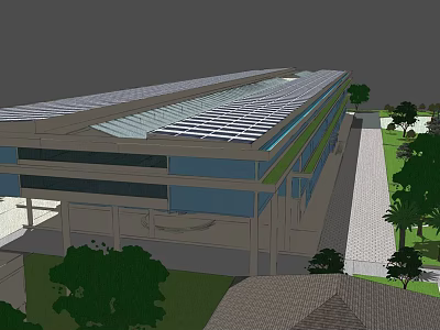 Modern Hotel Building With Glass Roof And Solar Panels Surrounded By Trees And Green Landscaping 3d model