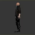 Sci Fi Bald Male Character With Black Leather Jacket Mechanical Pants And Backpack 3d model