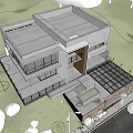 Modern Two Story Single Family House With Concrete Exterior Large Windows And White Car
