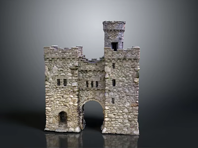 Medieval Stone Castle Gate Tower with Archway Windows and Stone Walls Structure 3d model