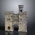 Medieval Stone Castle Gate Tower with Archway Windows and Stone Walls Structure