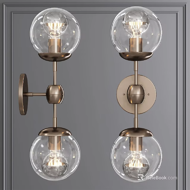 Modern Vintage Brass Wall Sconces With Clear Glass Globes On Gray Wall 3d model 