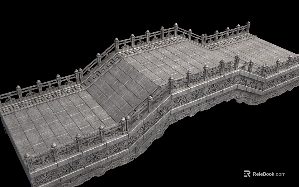 Classical Stone Bridge With Carved Railings And Decorative Stone Slab Deck 3d model 