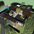 Modern Detached Villa With Brown Wooden Exterior Large Glass Windows And Terrace Courtyard