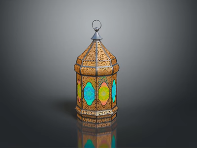 Vintage Decorative Lantern With Colorful Glass Panels And Intricate Metal Frame 3d model