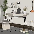 Modern Dressing Table Interior Design With Wall Pictures Potted Plant And Hanging Lamp