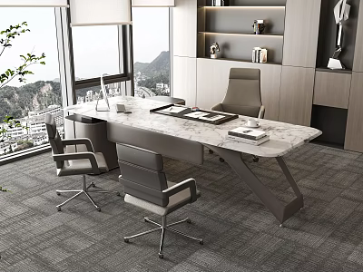 Modern Office Table and Chair Set With Marble Top Swivel Chairs Large Windows Mountain View 3d model