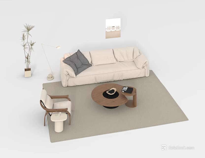 Beige Sofa and Coffee Table Set with Grey Cushion Armchair Floor Lamp Wall Art 3d model 