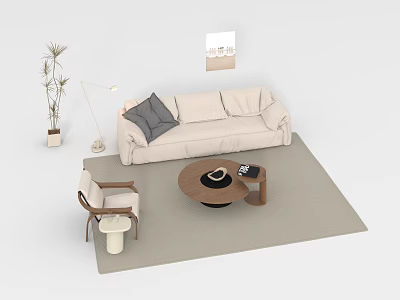 Beige Sofa and Coffee Table Set with Grey Cushion Armchair Floor Lamp Wall Art 3d model