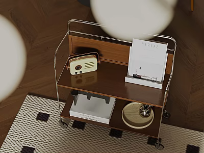 Modern Mobile Side Table With Wheels Wooden Shelves Metal Frame And Radio Magazines Tray 3d model