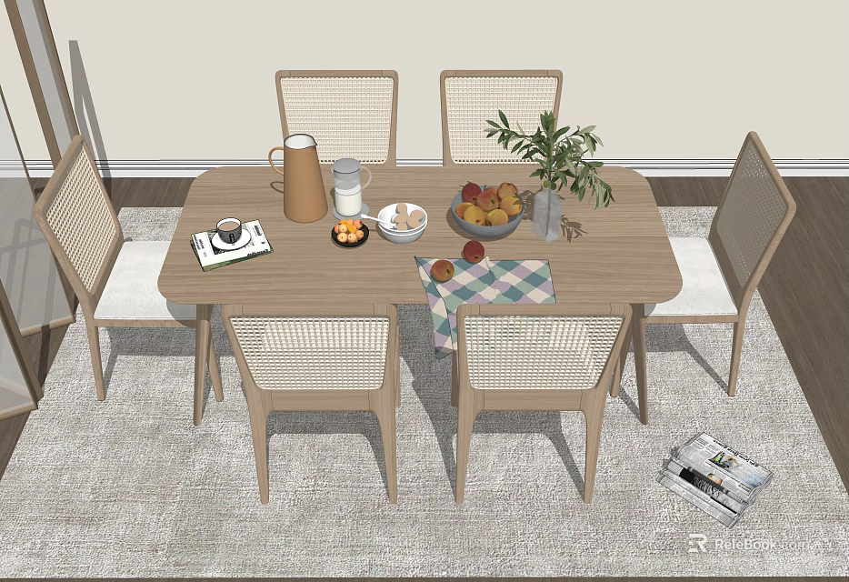 Modern Wooden Dining Table Set With Rattan Back Chairs Fruits Plant And Kettle 3d model 