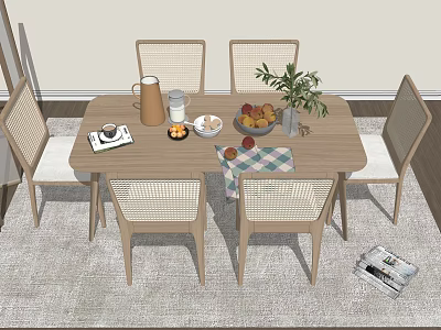 Modern Wooden Dining Table Set With Rattan Back Chairs Fruits Plant And Kettle 3d model