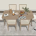 Modern Wooden Dining Table Set With Rattan Back Chairs Fruits Plant And Kettle