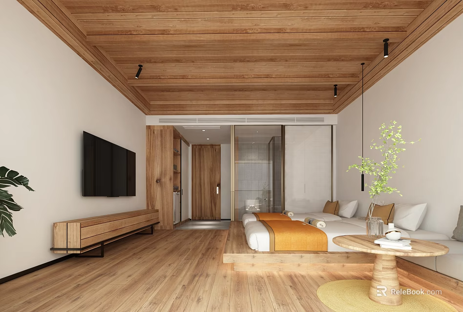 Cozy Hotel Guest Room With Wooden Ceiling Floor TV Sofa Bed And Green Plant 3d model 