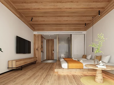 Cozy Hotel Guest Room With Wooden Ceiling Floor TV Sofa Bed And Green Plant 3d model