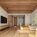 Cozy Hotel Guest Room With Wooden Ceiling Floor TV Sofa Bed And Green Plant