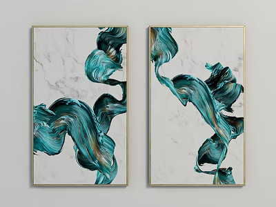 Teal Green Oil Painting With Marble Background And Gold Frame Two Panel 3d model