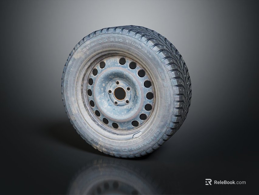 Car Tire With Wheel Rim Multiple Holes Tread Pattern And Reflection On Dark Background 3d model 