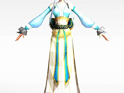 Tech Exhibition Hall Showcases Ancient Costume With Blue White Gold Decorations And Long Sleeves 3d model