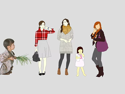 Women And Children Of Different Ages Standing Together With Plants And Dolls In Casual Outfits 3d model