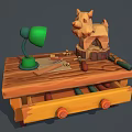 Functional Wooden Desk with Green Desk Lamp Wooden Dog Sculpture Tools and Red Knob Drawer